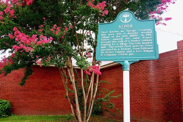 "Cotton Highways" historical marker in Keiser, Arkansas, United States, detailing the city's early history.