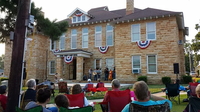 Saturday night music on the courthouse steps in Mountain View, Arkansas on August 2, 2014