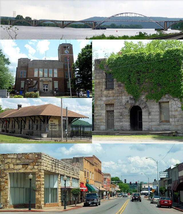 Created using the following PD files: File:Downtown Ozark, AR 001.jpg File:Franklin County Courthouse, Ozark, AR 002.jpg File:Highway 23 Bridge In Ozark, AR.jpg File:Ozark Depot...