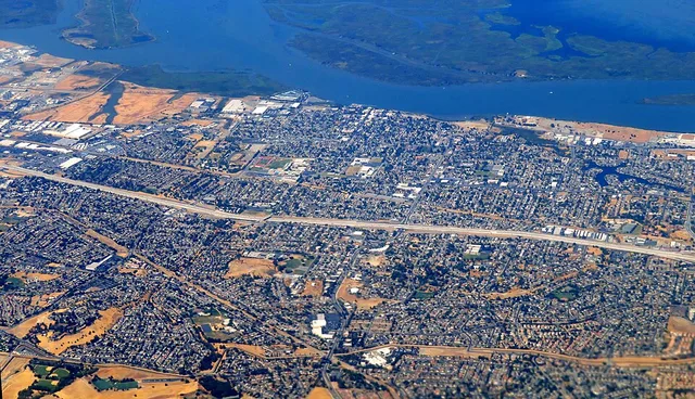 Aerial view of Antioch, California in August 2018. Winter Island and the eastern end of Browns Island are at top left; Kimball island is at top center.