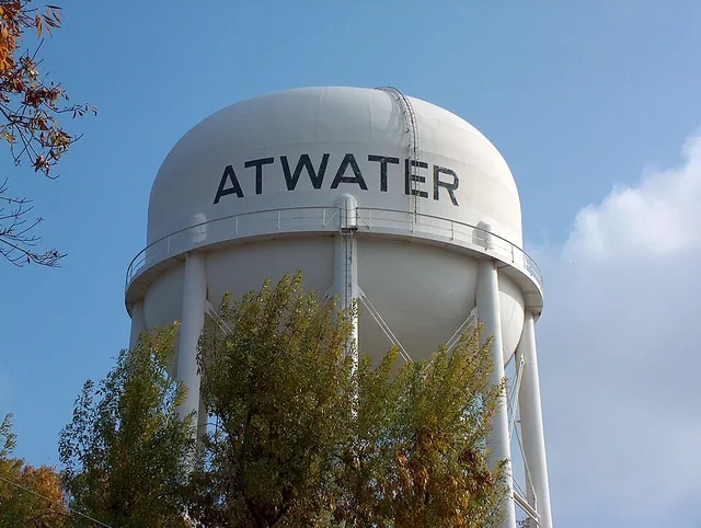 A water tower in Atwater, California.