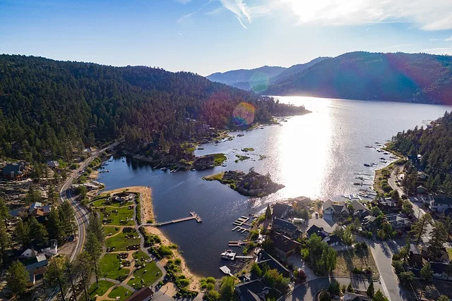 Harbor area near Big Bear Lake with road and docks