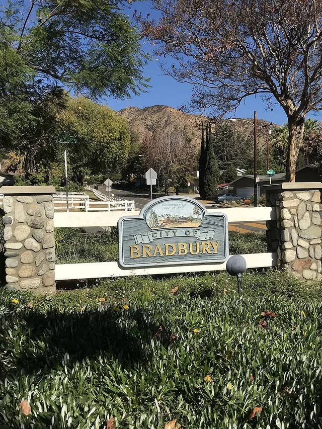 An entrance sign visible to visitors of Bradbury, California.