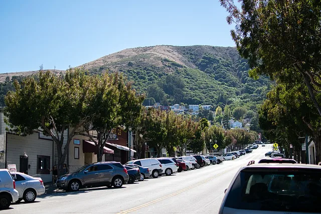 The main street in downtown Brisbane, CA.