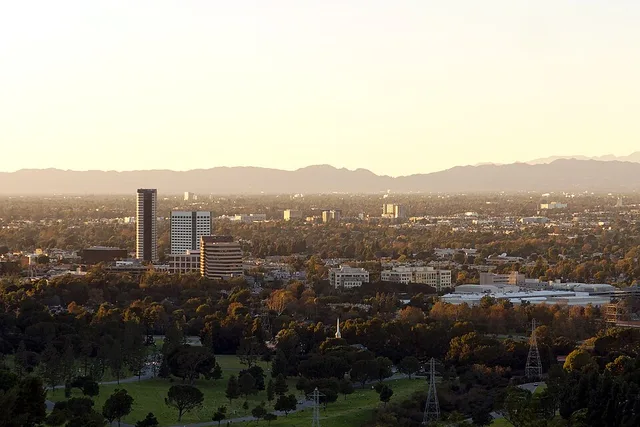 The Burbank media district, view from Griffith Park , with Forest Lawn Memorial Park in the foreground.