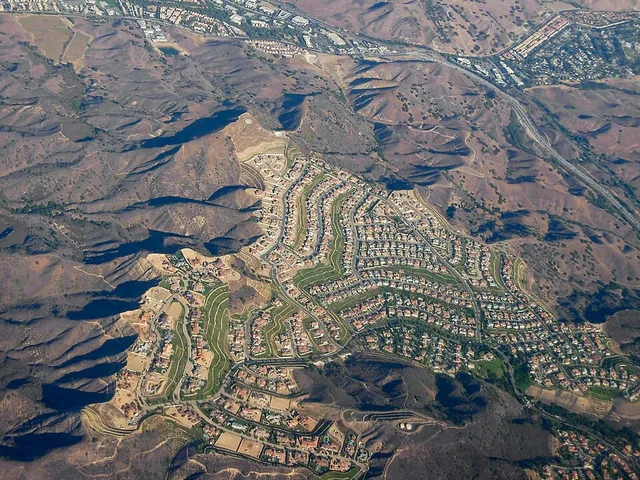 Aerial view of Calabasas, California and the intersection of Las Virgenes and U.S. Route 101, facing northwest.