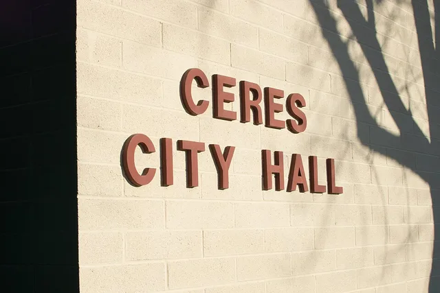 Main entrance sign at city hall in Ceres, California