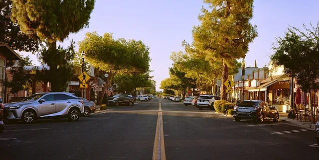 View of Old Town Clovis, California, looking down Pollasky Ave during the golden hour ~ 7:30pm.