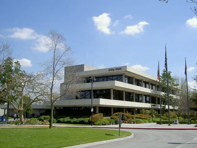 Personal Photo of Downey's City Hall built in 1984 and located in the Downey Civic Center on Brookshire Avenue and 2nd street. Released to the public domain.