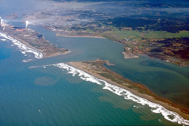 Aerial view of Humboldt Bay and the city of Eureka in Humboldt County, California, USA. View is to the northeast.