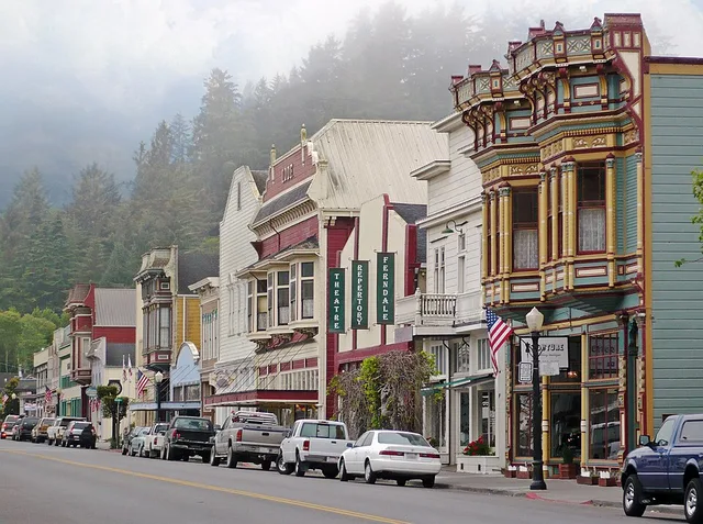 It shows the well-preserved Victorian architecture in the Main Street Historic District in Ferndale, California . First visible polychrome building with flag is 475 Main Street, t...