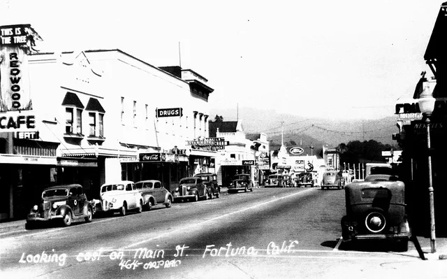 Fortuna, California, Main St., 1940s. Old postcard.