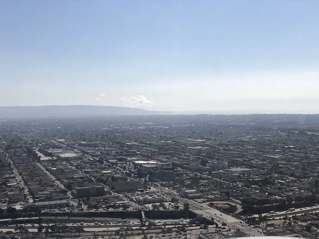 View southwest across Hawthorne, Los Angeles County, California from an airplane heading toward Los Angeles International Airport
