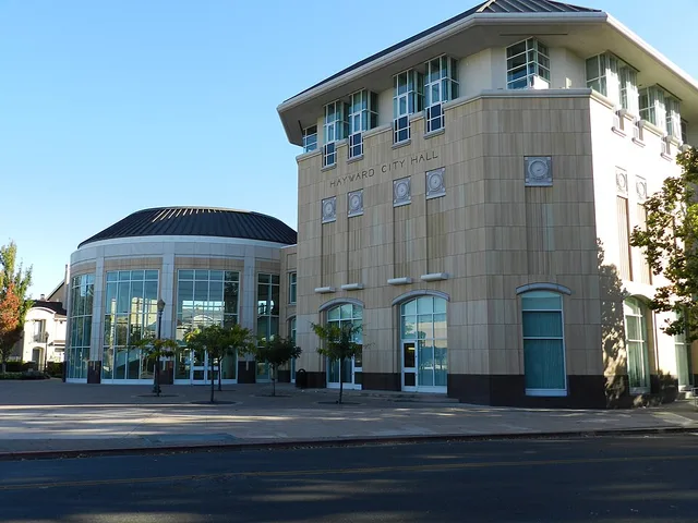 The front facade of the current Hayward California City Hall building