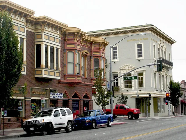 Along the east side of San Benito Street at Fifth Street, Hollister, California.