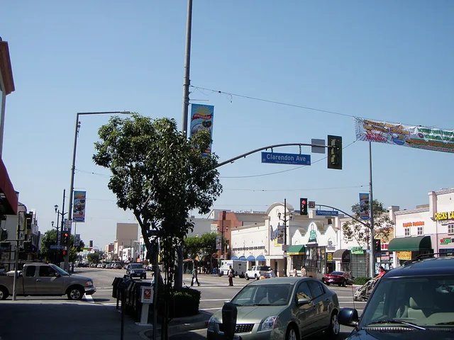This is a photograph of the intersection of Pacific Boulevard and Clarendon Avenue in Huntington Park, California on a Saturday morning in August of 2009.