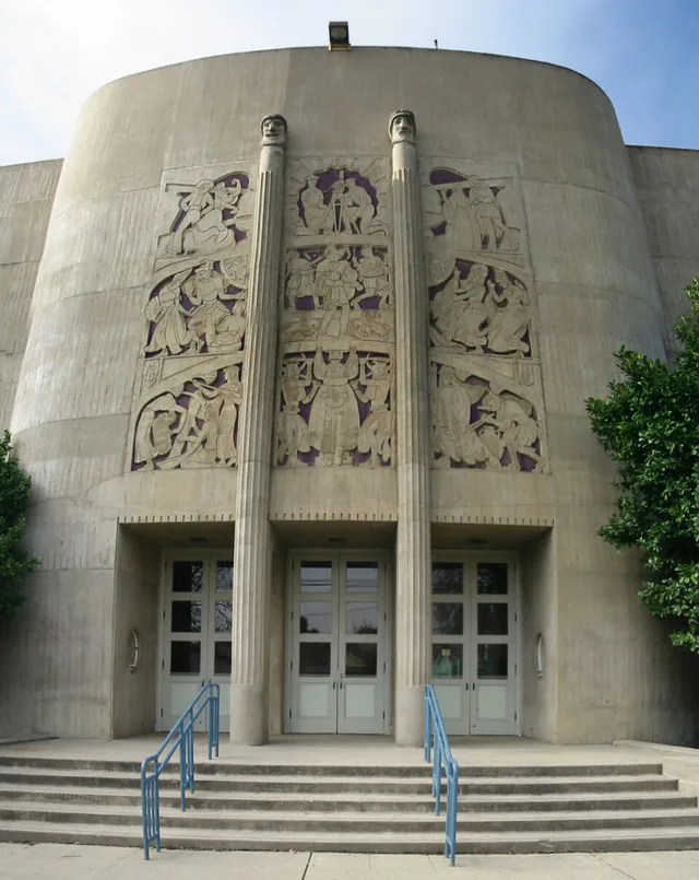 Stitched-together image made from four original photographs of the facade of the King City High School theater in King City, California. Building was finished as a WPA project in...