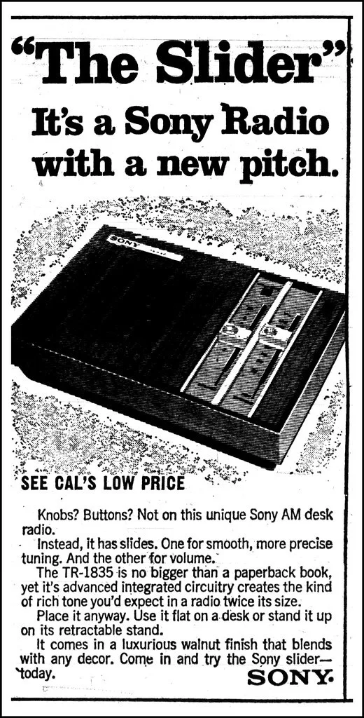 Vintage Advertising For The Sony Model TR-1835 Desk Radio (The Slider) In A Cal Membership Department Store Ad In The Long Beach California Press Telegram Newspaper, November 18...