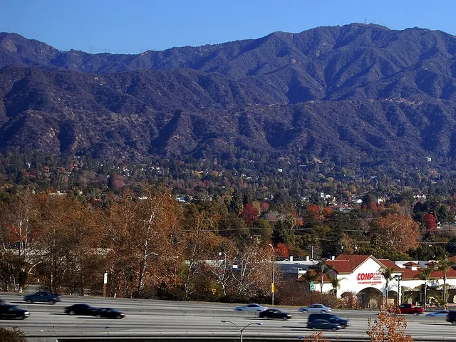 Interstate 210 in Monrovia, California with San Gabriel Mountains. Summit in upper right is Mount Bliss, (approx. 3240 feet AMSL). This summit is in the San Gabriel Mountains insi...