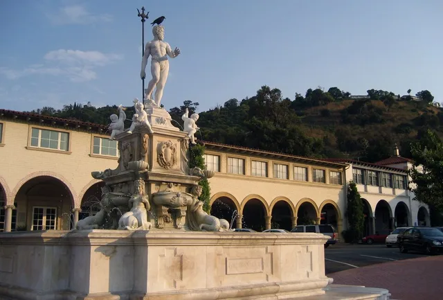1920s fountain with statue of Neptune, at Malaga Cove Plaza — in Palos Verdes Estates, on the Palos Verdes Peninsula , Southern California.