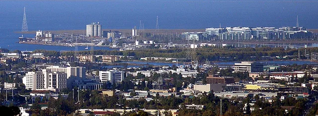 A view of downtown Redwood City , from a parking lot at Canada College in the city's southern foothills. The perspective is northeast towards San Francisco Bay . Note that this pe...