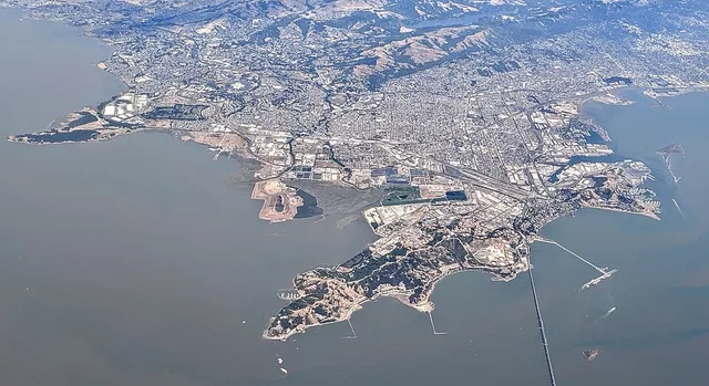 Aerial view of Richmond, California, from above the west end of the Richmond–San Rafael Bridge, 6 July 2019
