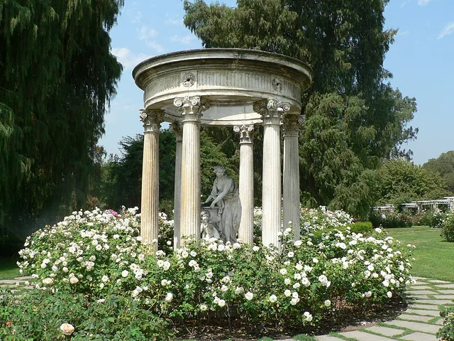 Neoclassical "Temple of Love" pavilion, gardens, and entrance pathway to Rose Garden. At the Huntington Gardens , Southern California .