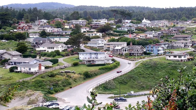 The coastal town of Trinidad , as viewed from a trail on nearby Trinidad Head.