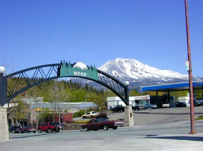 Entrance to the town of Weed with Mt. Shasta in the distance. Digital photograph taken by Eric Guinther on April 29, 2004.