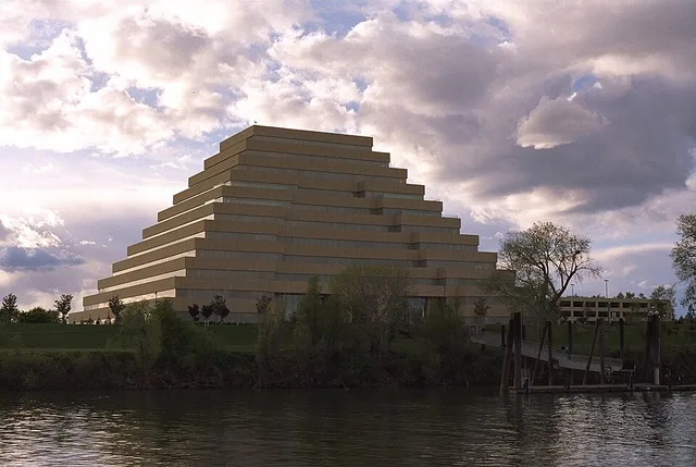 The Ziggurat — an office building in West Sacramento (Yolo County), viewed across the Sacramento River from the western edge of Sacramento. The headquarters of the California Depa...