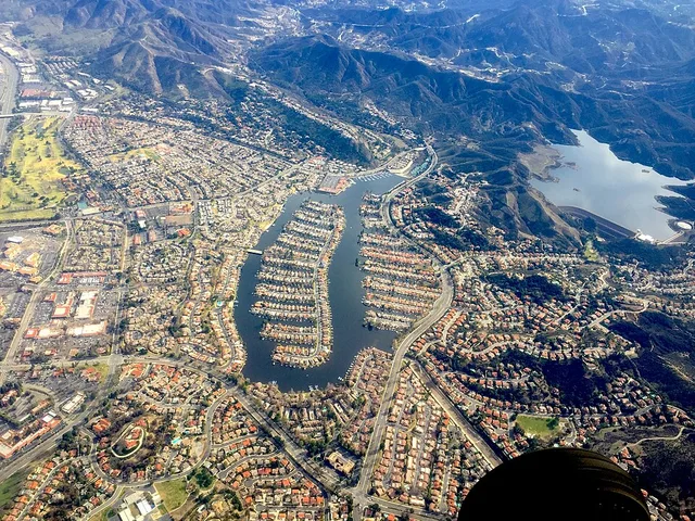 Aerial of Westlake Lake and surrounding Westlake Village, CA.