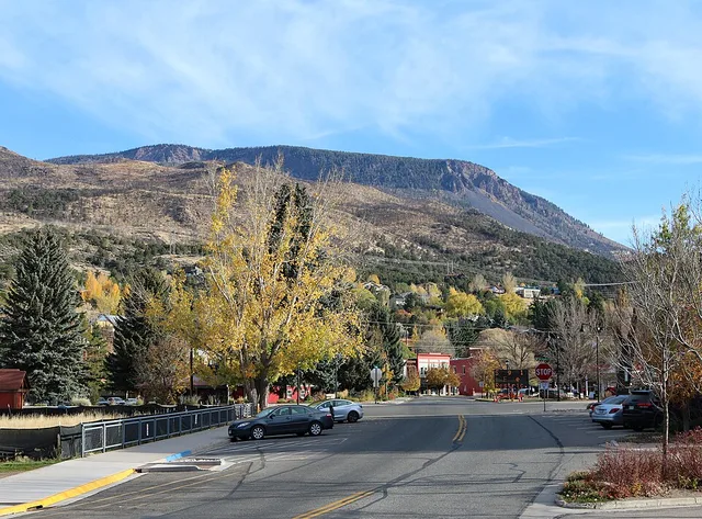 Basalt Mountain, elevation 10,859 feet (3,310 m), overlooking the town of Basalt, Colorado . The street is Midland Avenue.