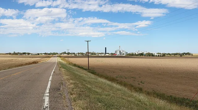 A view of Bethune, Colorado . The view is from the south at the intersection of County Road 40 and Interstate 70, at the top of the westbound offramp.