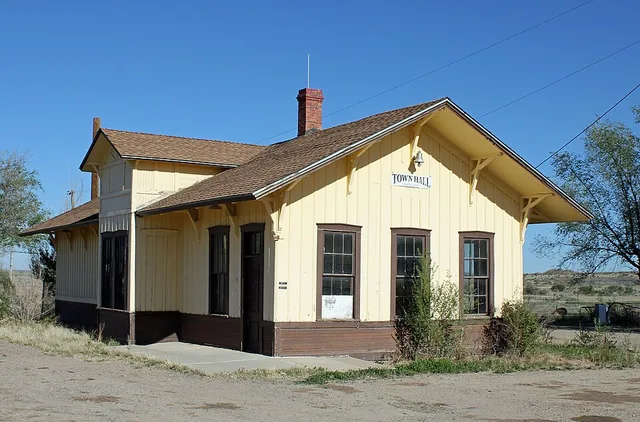 The Boone Santa Fe Railroad Depot in Boone, Pueblo County, Colorado. The property, listed on the National Register of Historic Places, now serves as the Boone Town Hall.