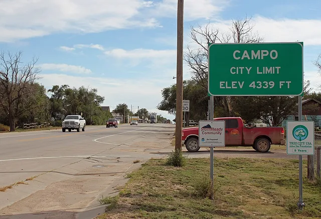 The town of Campo, Colorado, located in Baca County. The view is to the south at the northern border of the town on U.S. Route 287/385