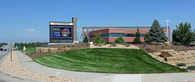 The Centennial Civic Center (City Hall), located at 13133 East Arapahoe Road in Centennial Colorado. The picture shows Arapahoe Road, looking west, the city's electronic sign, and...