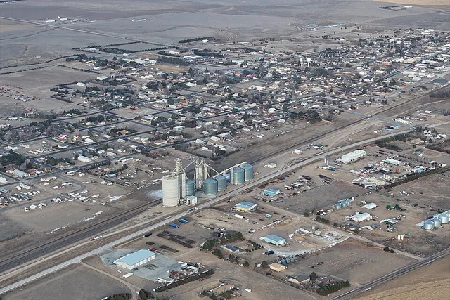 Aerial view of Cheyenne Wells, CO in 2025. It's an agriculture town of 758 residents.