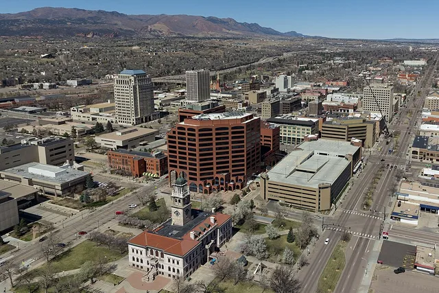 Skyline of downtown Colorado Springs, Colorado, March 2026.