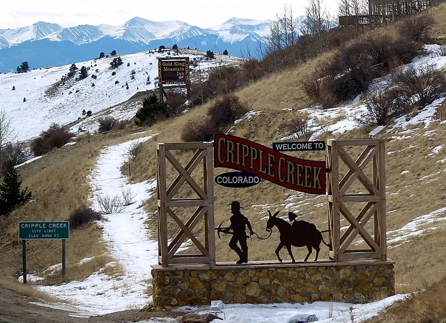 The sign welcoming visitors to Cripple Creek, Colorado in Teller County .