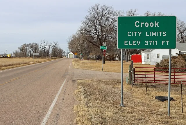 Crook, Colorado. The view is of Crook's city limits sign along U.S. Route 138.