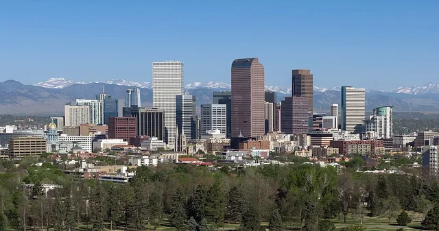 Skyline of Denver, Colorado, the 19th-most populous city in the United States (715,522).