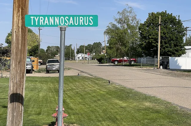A street sign for Tyrannosaurus Triangle in Dinosaur, Colorado .