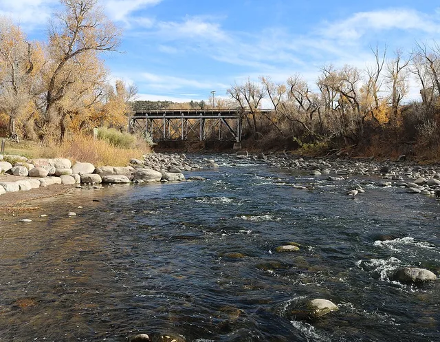 The Eagle River in the town of Eagle, Colorado . Here the river passes through Chambers Park in the town of Eagle at 100 Fairgrounds Road. The bridge is a railroad bridge.
