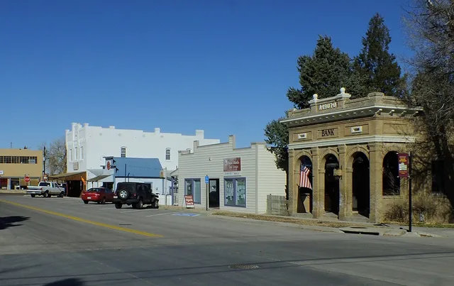 Elizabeth, Colorado. The First National Bank building, on the right, was listed on the U.S. National Register of Historic Places in 2023. This is an image of a place or building t...
