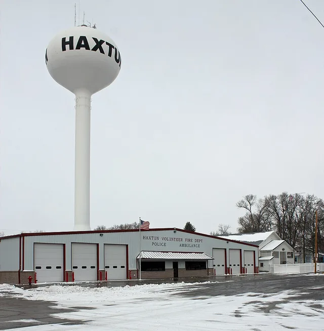 The water tower and fire station in Haxtun, Colorado.