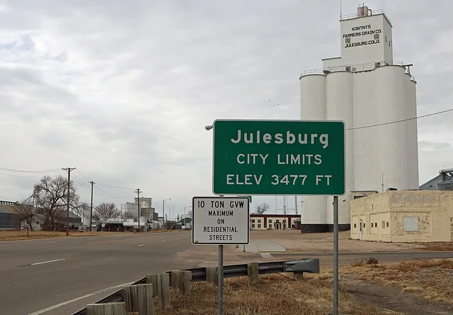 Julesburg, Colorado. The view is on the northeast side of town, looking towards the southwest on East 1st Street (U.S. Route 138).