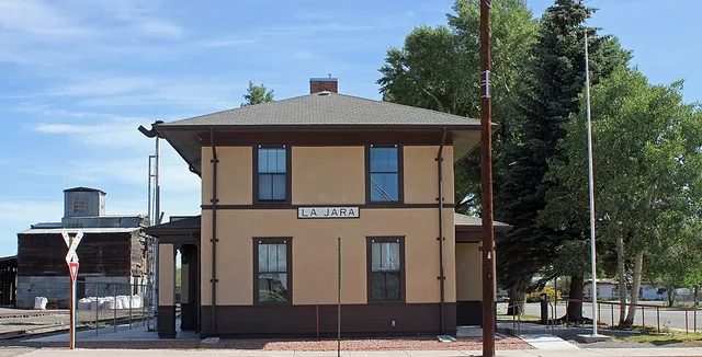 The La Jara Depot, located at Broadway and Main streets in La Jara, Colorado. The property is listed on the National Register of Historic Places.