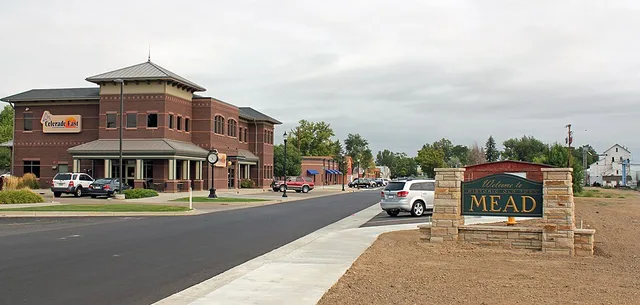 The main street in Mead, Colorado.