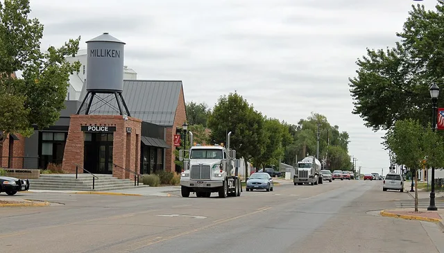 The main street in Milliken, Colorado.