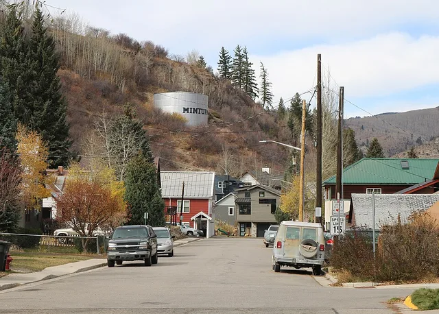 Looking northwest along Pine Street in Minturn, Colorado . The view includes Minturn's water tank.